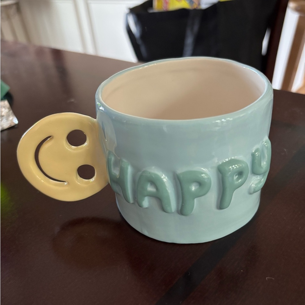 Blue and Yellow Ceramic Mug with Smiley Coaster